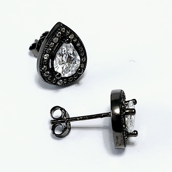 Halo Pear Silver Stud Earrings - Picture 6 of 10